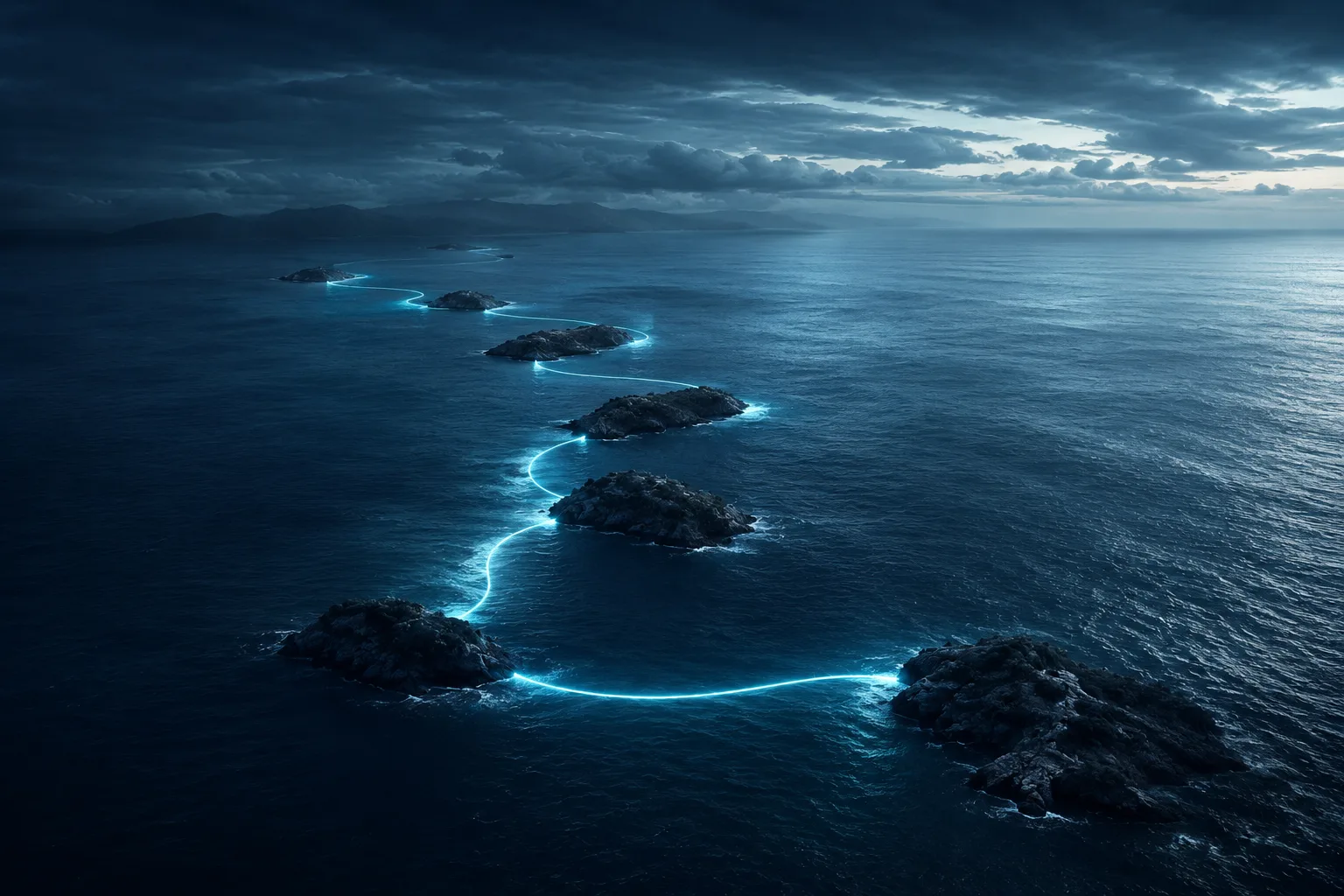 Fotografia aerea notturna e cinematografica di diverse isole scure e isolate nell'oceano, collegate in sequenza da un unico filo di luce ciano che le attraversa una dopo l'altra, senza convergere in un centro unico.